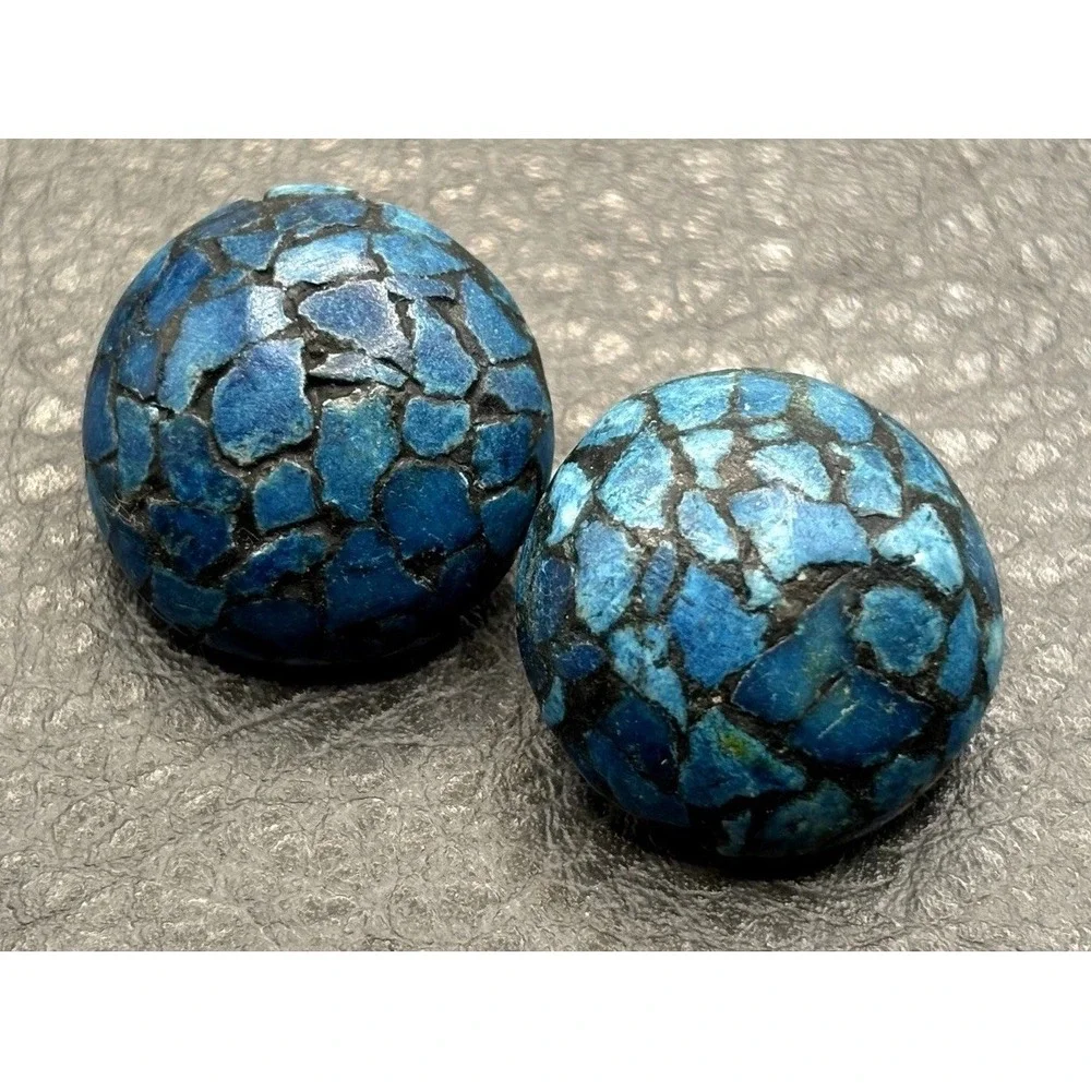 Vintage Made in India Blue Stone Chip Inlay Clip Earrings Boho Ethnic